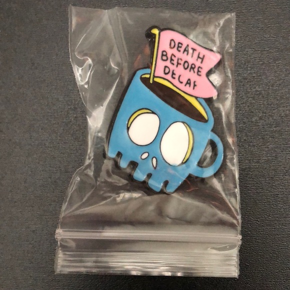 Funny Skull Coffee Mug Cup “Death Before Decaf” Metal Enamel Pin Brooch - Picture 2 of 8